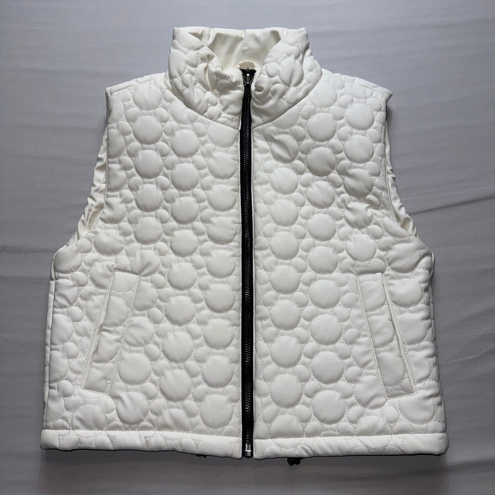 Disney Forever 21 Mickey Mouse Quilted Puffer Vest White Faux Leather Womens S